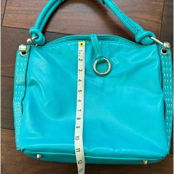 Turquoise Faux Leather Shoulder Bag with Silvertone Hardware - Picture 10 of 13